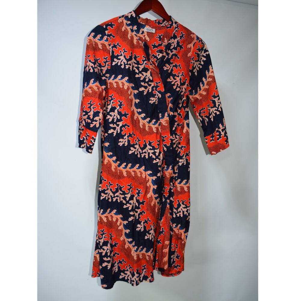 Zuri African Print Cotton Shirt Dress Size Small Orange Navy Made in Kenya